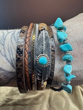 Boho Turquoise Feather Wrap Bracelet - Layered Leather & Stone - Fashion Jewelry